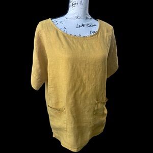 Francesca Bettini Mustard yellow boxy linen tunic top w/pockets made in Italy
